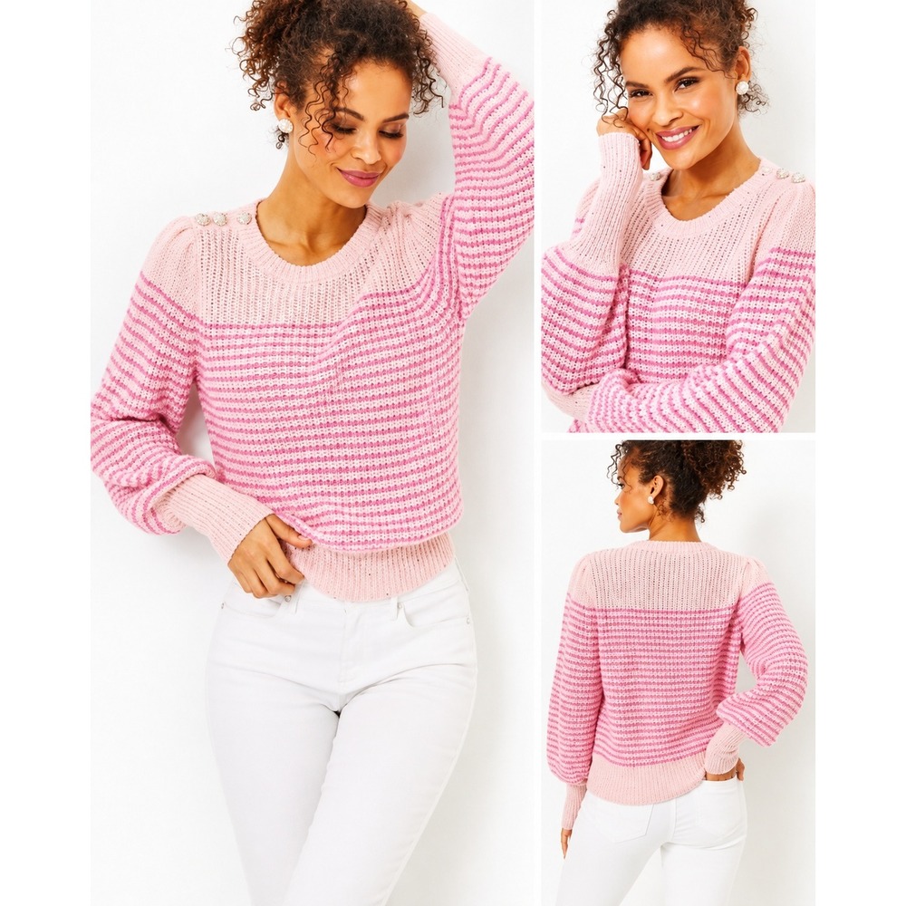 Lilly Pulitzer Finney Sweater Pink Sequin Puff Sleeve M Feminine Preppy Coastal